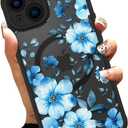 OOK Magnetic Case Fit for iPhone 15 Plus 6.7 Inch (Compatible with MagSafe) Soft TPU and Hard PC Phone Cover with Blue Floral Flowers Anti-Scratch Shockproof Protection Case for Women