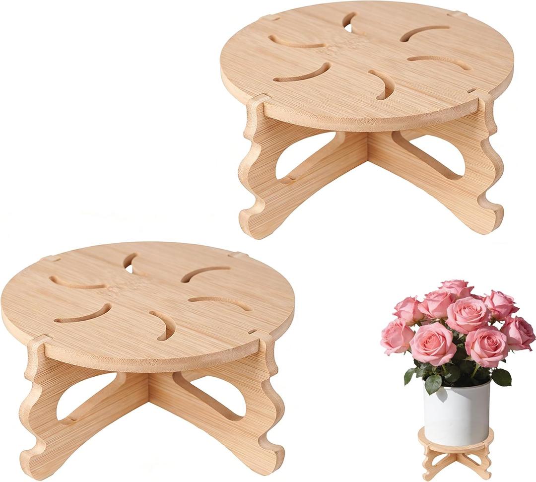 2 PCS Small Plant Stands Indoor, Round Bamboo & Wood Plant Holder Outdoor Flower Pot Stand, Wooden Display Flower Support Pedestal Board Accessories Plant Tables, Suitable for up to 4 inches