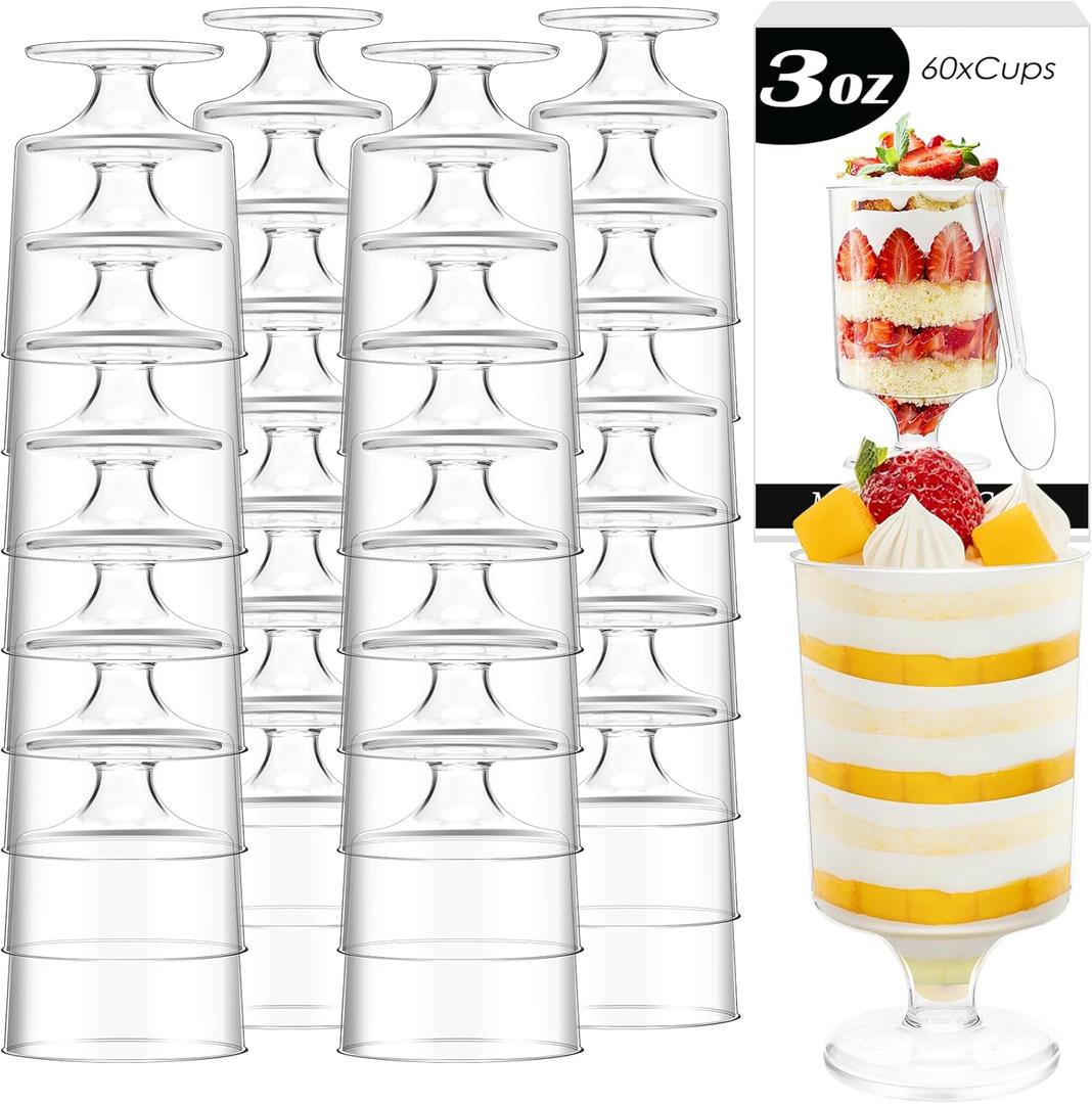 Mini Dessert Cups with Spoons,60 Pack 3 Oz Clear Appetizer Cup,Goblet Dessert Cup,Plastic Wine Glasses Parfait Cups,Disposable Party Serving Cups for Desserts Appetizer Pudding Mousse Tasting