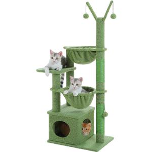 Cactus Cat Tree, 47.6" Cat Tower with 2 Metal Frame Hammock, Cat Scratching Post for Indoor Cats with 2 Removable Pompom Sticks for Kittens, Green