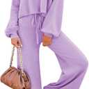 Pink Queen Women's 2 Piece Lounge Outfit Sweater Set Long Sleeve Crop Knit Top and Wide Leg Long Pants Sweatsuit (Purple, XL)