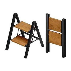 HBTower Step Ladder,Lightweight Aluminum Folding Step Stool with Anti-Slip Wide Pedal, 330lbs Capacity Step Ladder for Household,Kitchen,Office - BlackWoodgrain (2 Step, Black&woodgrain)