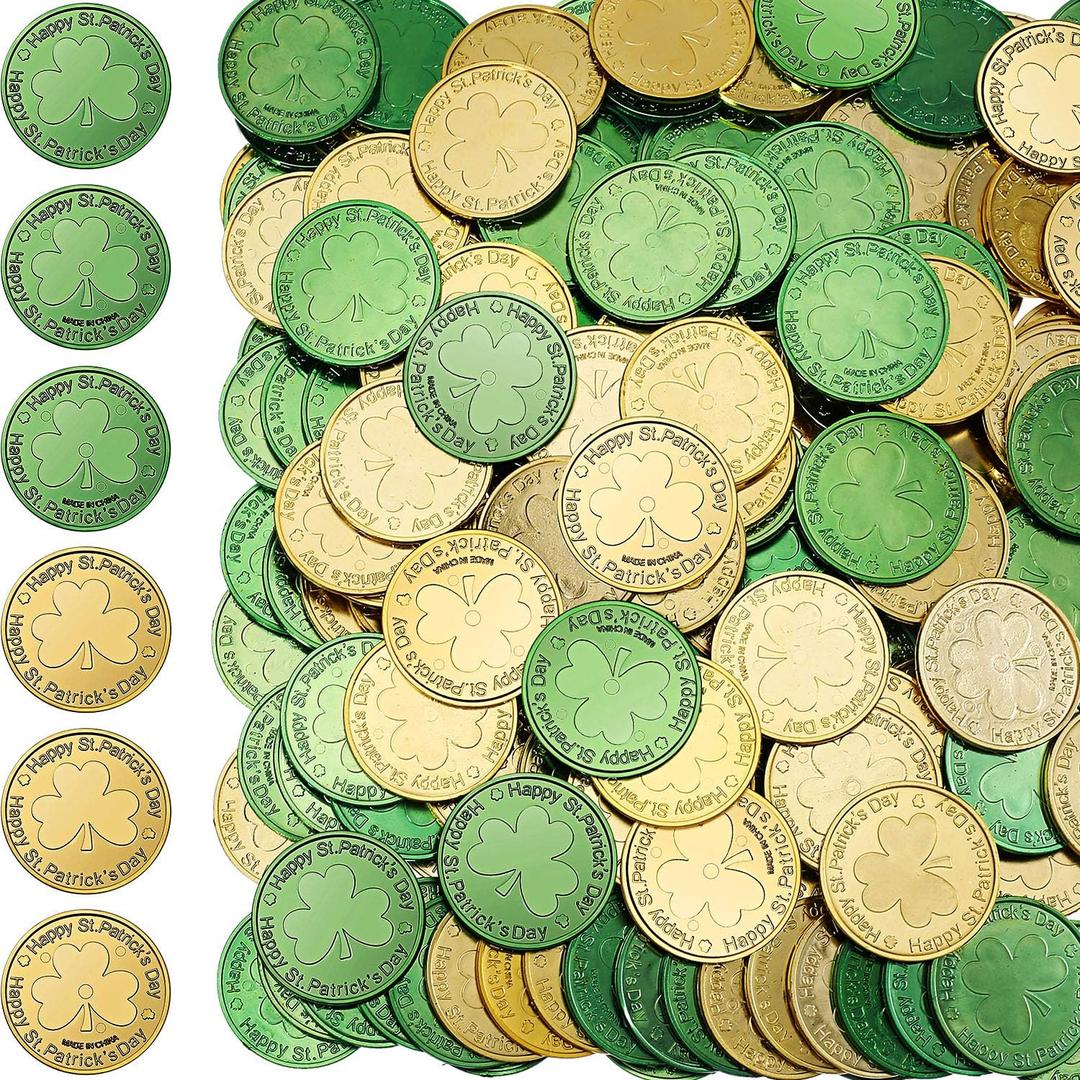 Chuangdi St. Patrick's Day Coins St Patrick`s Coins Shamrock Coins Irish Coins Lucky Plastic Gold Coin Green Four Leaf Clover Coin St. Patrick's Day Party Favor (100)