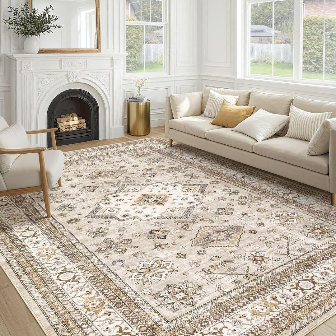 Vintage Living Room Area Rug 8x10 - Large Soft Washable Oriental Traditional Distressed Farmhouse Rugs for Bedroom - Indoor Floor Accent Carpet for Home Office House Decor - Beige (8' x 10')