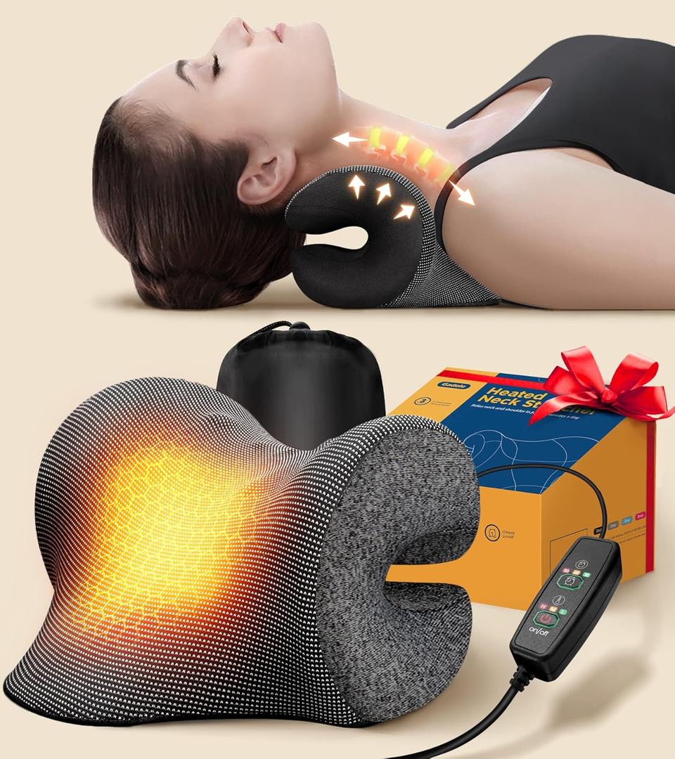 8X Pain Relief Magnetic Therapy Heated Neck Stretcher, 3X Larger Graphene Heating Pad Cervical Traction Device Pillow, Neck Hump Corrector w/Timer Setting, Relax Gifts for TMJ Tension Muscle Migraine (Grey)
