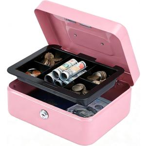 Kyodoled Medium Cash Box with Money Tray,Small Safe Lock Box with Key, Drawer,7.87"x 6.30"x 3.54" Pink