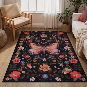 Lahome Black Floral 3x5 Washable Rug,Ultra Thin Bedroom Area Rugs for Dorm Entryway, Boho Butterfly Non Slip Bedside Rug,Stain Resistant Small Throw Carpet for Nursery Girls Kids Room