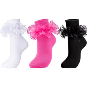 Dicry Women Big Ruffle Socks Double Lace Turn Cuff (Size 9-11, 3 Pairs) (White Black Hop_pink) (Size 9-11, 3 Pairs)