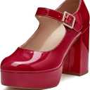 Coutgo Womens' T-Strap Round Toe Chunky Platform Heels Patent Mary Jane Dress Shoes (8, Burgundy)