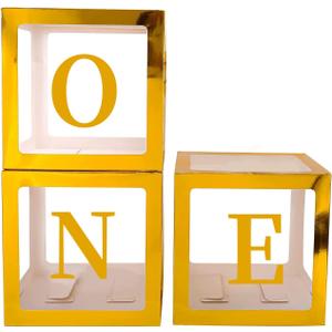 Sooyee Gold First Birthday Decorations for Girl or Boy,3 Pcs ONE Balloon Boxes for 1st Birthday Girl Decoration,Baby Cube Blocks Party Decor with ONE Letters for Photoshoot Props, Cake Smash Backdrop