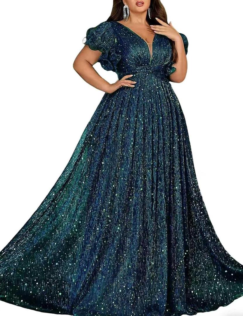 Women Plus Size Wedding Guest Summer Long Prom Dress A Line Elegant Formal Evening Party Cocktail Bridesmaid Gown, Green, 4XL