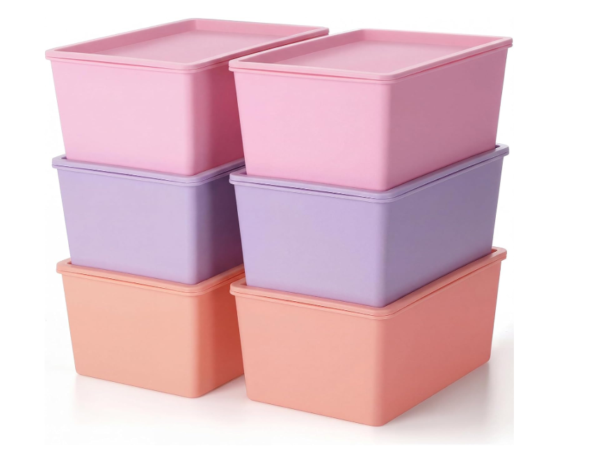 Menkxi 6 Pcs Storage Bins with Lids Small Plastic Storage Containers Stackable Storing Baskets Box Cute Organizer Bins for Organizing Shelves (Pink,Purple,Orange)