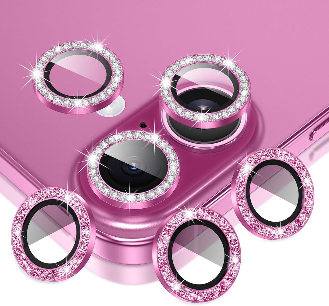 AGVEE 3+3 6 Pack for iPhone 16 6.1" / 16 Plus 6.7" Camera Lens Protector, Bling Diamond & Bling Glitter Metal Ring 9H Tempered HD Glass Camera Cover Film, Bling-Rose