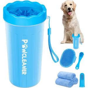 Professional 7 in 1 Dog Paw Cleaner for Dogs & Cats - Includes 1 Portable Paw Washer, 1 Bath Brush, 2 Dog Toothbrushes and 3 Absorbent Towels Note: Fits Paws 2.5 to 3.5 Inches Wide (Large, Blue)