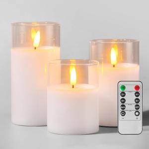 Tyawon Glass Battery Operated LED Flameless Candles with Remote and Timer, Real Wax Candles Warm Color Flickering Light for Festival Wedding Home Party Decor(Pack of 3)-White