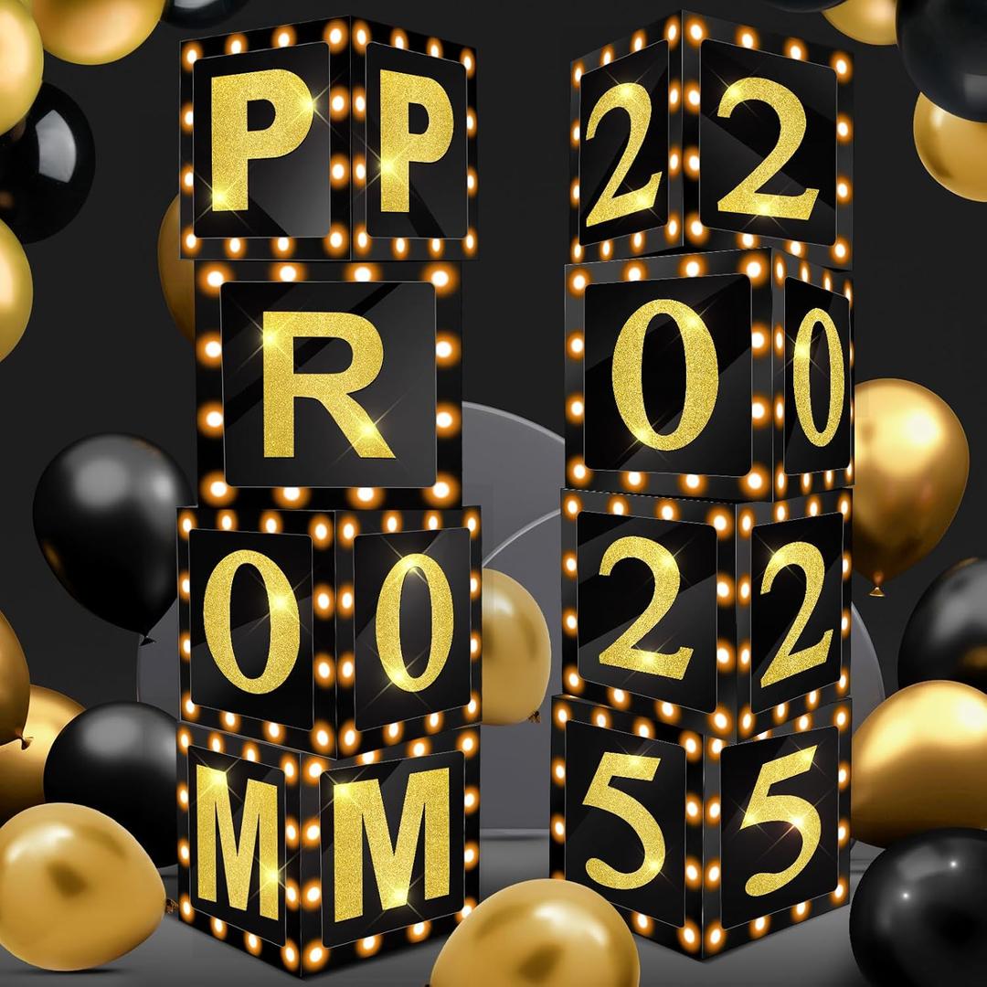 Sinmoe 8 Pcs 2025 PROM Graduation Boxes Decoration Border Lighting 12 Inches Column Standup with 2025 Prom Letters Graduation Props Decor for Party Supplies Indoor Outdoor(Black and Gold)