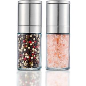 Salt and Pepper Grinder 2pcs Black Pepper Mill Refillable Manual Stainless Steel Lid Adjustable Coarseness Glass Material Fits in Home Kitchen Barbecue