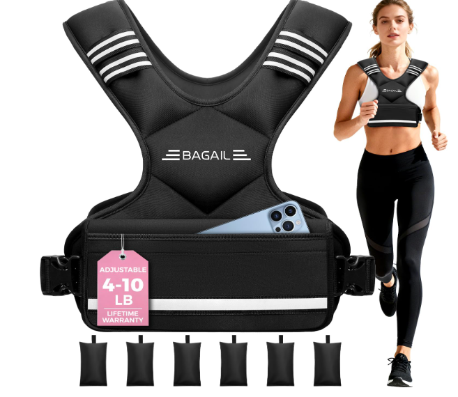 BAGAIL Adjustable Weighted Vest for Women 4-10lb Comfortable U-Neck Rucking Vest with 6 Removable Weights, Storage Pocket and Reflective Strips for Walking, Jogging, Weight Loss