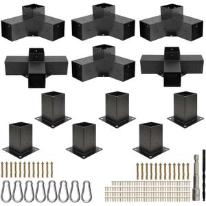 Pergola Bracket Kit 4x4 (Actual 3.6 x 3.6 in), 3-Way Corner & 4-Way Center Brackets with Post Base Set, Heavy Duty 2mm Steel Hardware with Hooks for Patio, Gazebo & Backyard Build