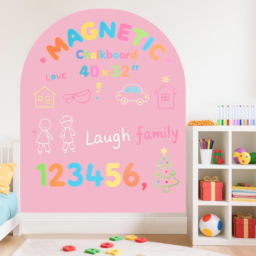 Magnetic Wall Decal for Kids 40x32 Inch Self Adhesive Magnet Arch Chalkboard for Wall Pink Chalkboard Contact Paper Peel and Stick with Letters and 12 Color Liquid Chalk for School Playroom