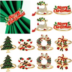 12 Pcs Christmas Napkin Rings Holiday Napkin Holders Rings for Cloth Napkins Christmas Table Dinner Home Decorations (6 Style)