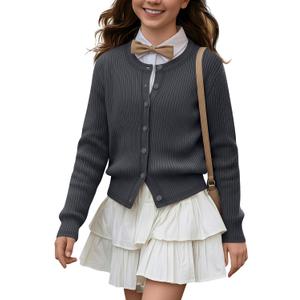 Girls' Uniforms Cardigan Long Sleeve Ribbed Knit Crew Neck Shirt Button Down School Kids Student Outerwear Top, 11-12Y