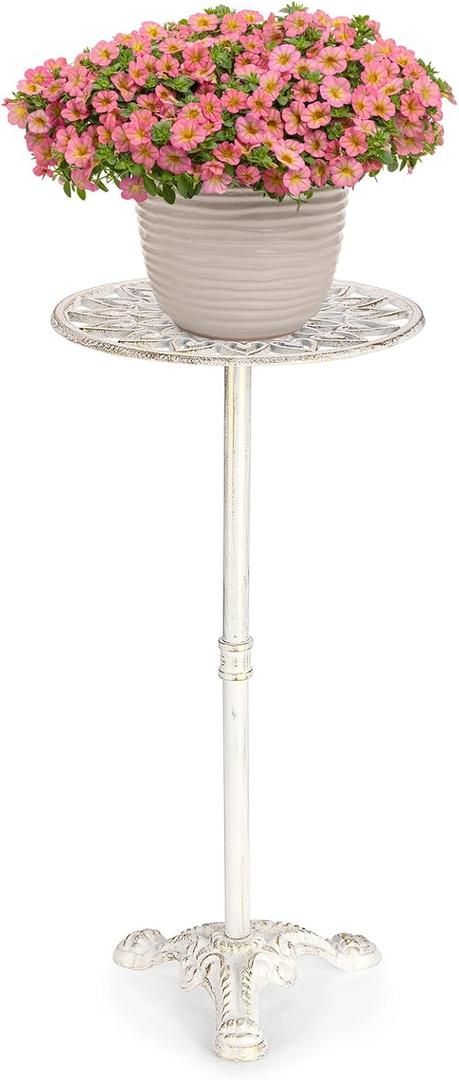 OwnMy Cast Iron Tall Plant Stand Heavy Duty Flower Pot Holder, Decorative Pedestal Potted Plant Rack, Indoor Outdoor Wrought Iron Large Single Plant Stand for Patio Garden Home, Antique White