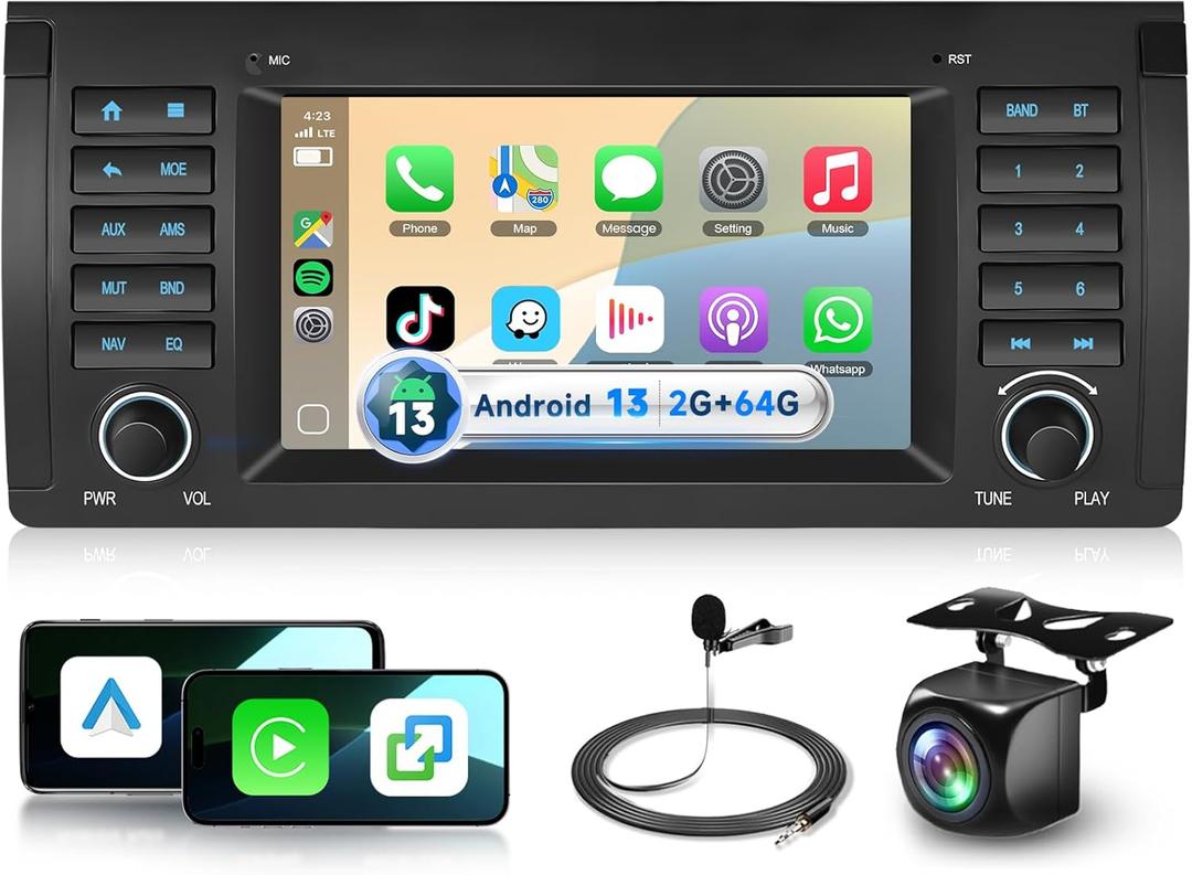 2G+64G 7 Car Stereo for BMW 5 Series E39 1995-2002 E53 2002-2007 Radio,DSP ASP Stereo Android 13 Radio Wireless Carplay Android Auto,5.0 Bluetooth,IPS Touch Screen,GPS,FM/RDS WiFi Backup Camera