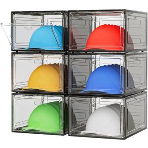 YKLSLH Hat Organizer Box, 6 Boxes for 40 Pack Hats, Upgrade Harder Solid Plastic Hat Organizer for Baseball Caps, Clear Hat Storage with Magnetic Door, Hat Rack Holder Case, Black