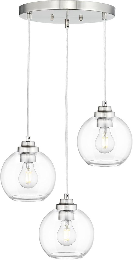 Globe Cluster Pendant Light, 3-Light Hanging Light Fixture with Brushed Nickel Finish, Clear Glass Kitchen Island Lighting for Dining Room Living Room Laundry Entrance Foyer, ZCPL101BN-3C (6.7 inch)