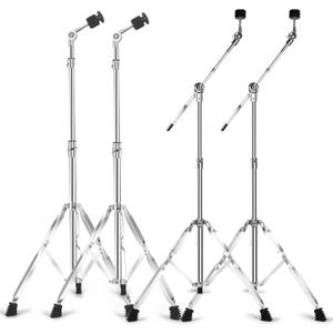 2 Pack Straight Cymbal Stand + 2 Pack Boom Cymbal Stand Combo Set, Adjustable Drum Hardware Percussion Mount Holder Gear Set for Mounting Crash, Ride, Splash Cymbal, Double Braced Legs (4 Pack)