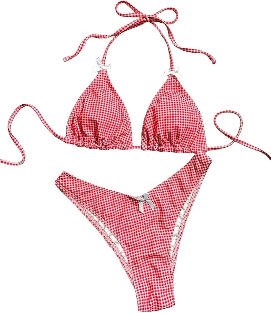 Falainetee Women's Plaid Gingham Bathing Suit High Waisted Halter Triangle Swimsuit Bikini Set (Red, XS)