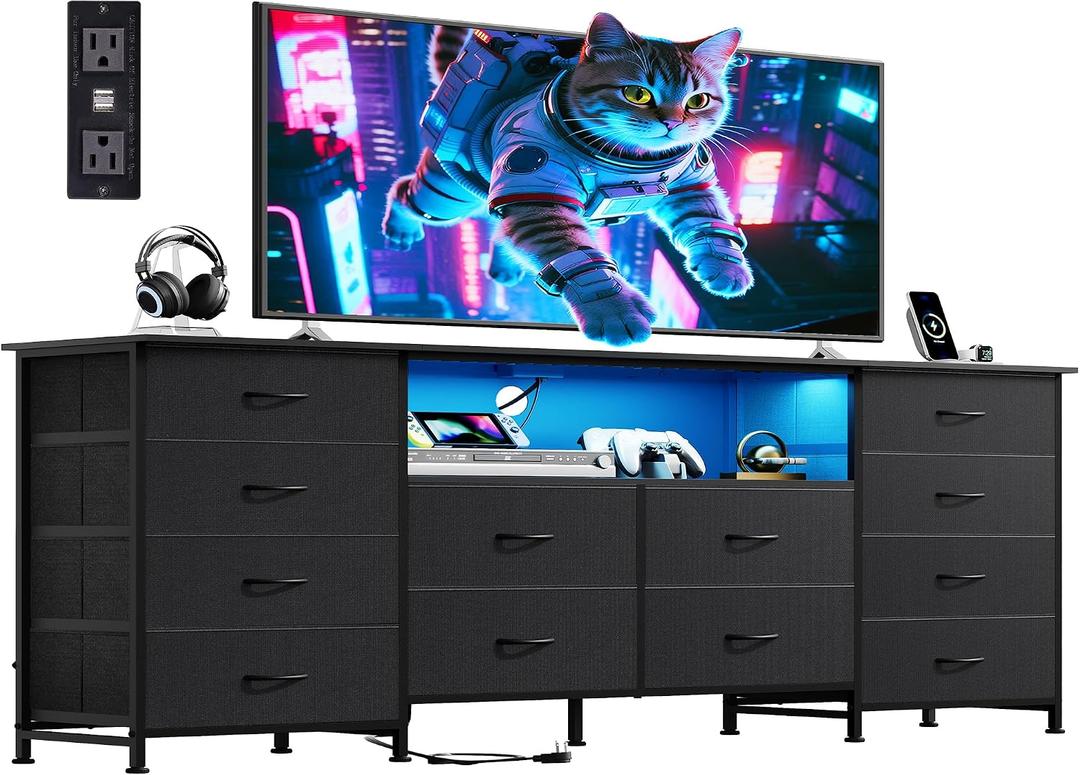 WLIVE 12 Drawer Dresser for Bedroom, Black Dresser TV Stand for 65, 70, 75 inch TV with Led Light & Charging Station, Wide Chest of Drawers with Open Shelves, Fabric Dressers for Closet, Living Room