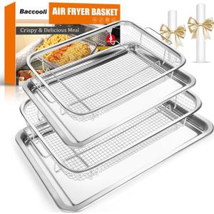 Air Fryer Basket for Oven, Stainless Steel Oven Air Fryer Basket and Tray Set, 2 Pack Air Fryer Pan Rack with 100 Pcs Parchment Papers - 15"x11" & 12.8"x9.6" (15"x11" & 12.8"x9.6")
