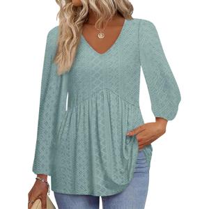 Tankaneo Womens Long Sleeve Shirts V Neck Loose Fit Tunic Tops Babydoll Peplum Top Flowy Dressy Casual Blouse Eyelet T-Shirt (X-Large, Green)