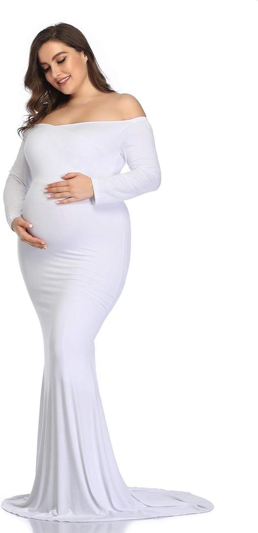 Mommy Jennie Long Sleeve Maternity Dress for Photoshoot Stretchy Pregnancy Fitted Gowns for Baby Shower (Large, White)