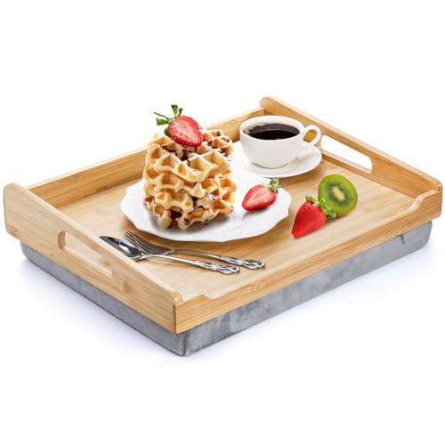TOPZEA Bamboo Lap Tray with Detachable Cushion, 16.5"x 12.5" Bed Trays TV Lap Desk, Breakfast Meal Serving Tray with Handle for Adults Eating in Recliner, Couch, Car, Fits for 13-14 Inch Laptops