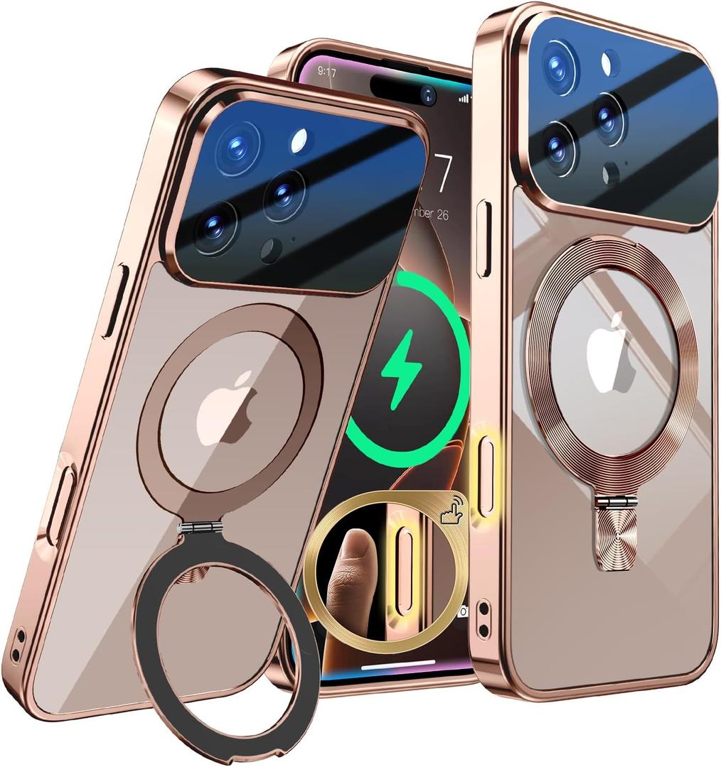 [Full Camera Lens Protection+CD Ring Compatible with MagSafe Stand]Magnetic for iPhone 16 Pro Max Case, Military Grade Drop Protection Electroplated Clear Case for Women Men Girls, Desert Titanium