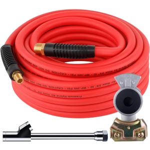Truck Tire Inflator Kit, Heavy Duty 3/8 x 50ft Hybrid Air Hose, 1/2 NPT End for Universal Glad Hand, 1/4 NPT End for Dual Foot Chuck, 300PSI - Red