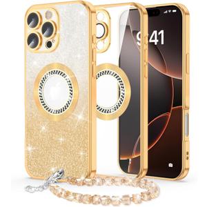 SQMCase Designed for iPhone 16 Pro Max Case Magnetic Glitter with Wrist Strip & Camera Lens Protector [Compatible with MagSafe], Luxury Gold Plating Cover Shockproof Protective Case (Gold)