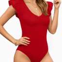 MANGOPOP Women's Deep V Neck Ruffle Sleeveless Body Suits Tank Top Bodysuit Going Out Sexy Fitted Summer Trendy Outfits (Red, XL)