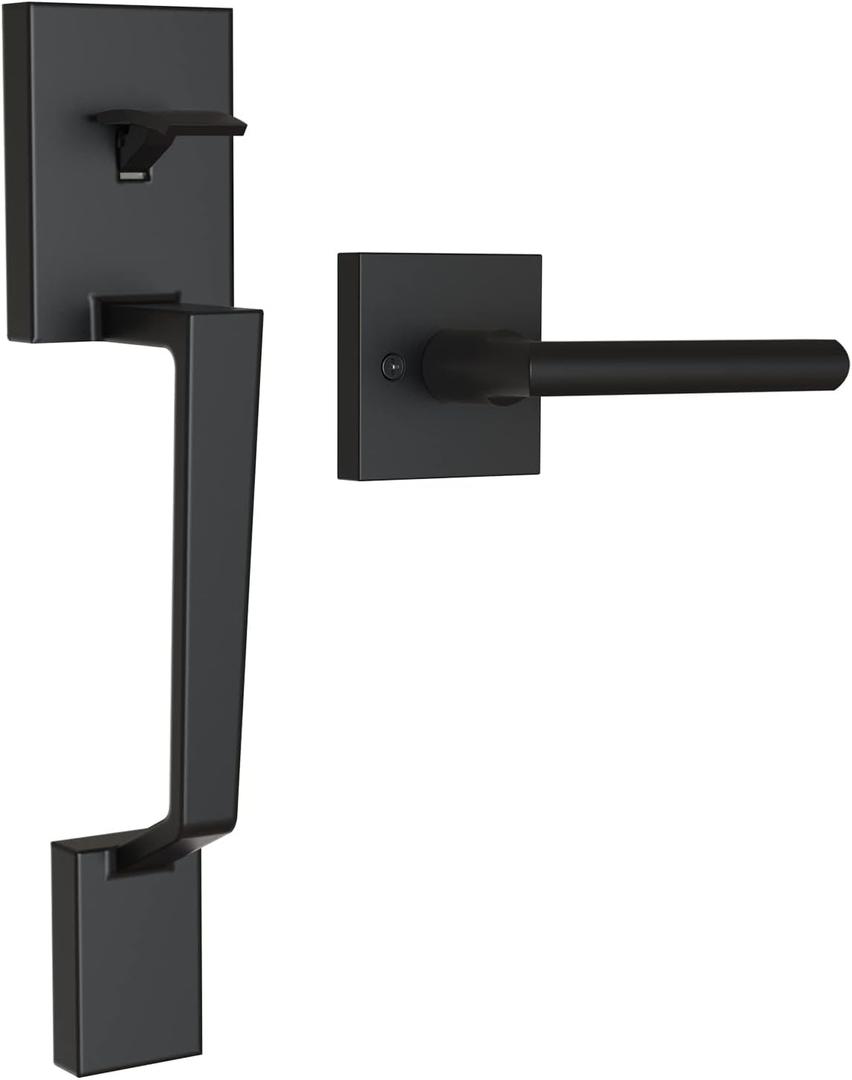 Ohuhu Front Door Handle, Heavy Duty Upgraded Front Door Lock Set Exterior Entry Matte Black Door Handles Single Cylinder Reversible Lever Zinc Alloy Use with Mechanical Electronic Smart Deadbolt Lock