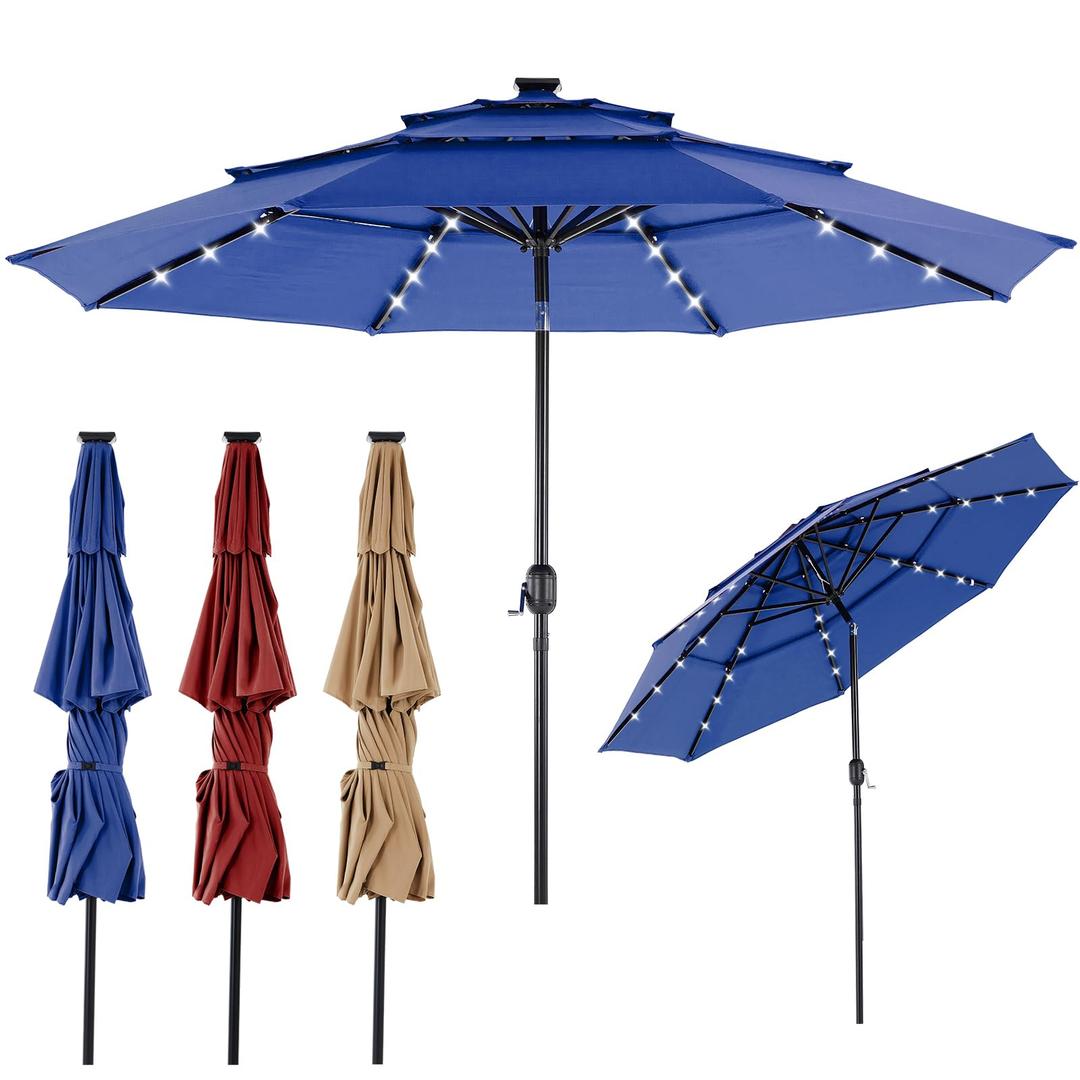 DUMOS Patio Umbrella 10FT 3 Tier with 32 LED Lights, Waterproof Market Table Umbrella with Crank and 8 Ribs Outdoor for Pool, Beach, Terrace and Outdoor Restaurant, Navy Blue
