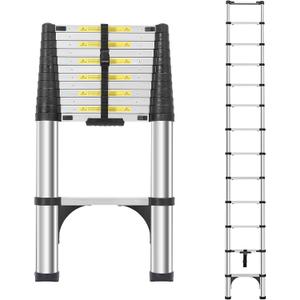 Telescoping Ladder 12.5 FT, Aluminum Lightweight Extension Ladder with 2 Detachable Hooks, Safety Lock Slow Down Design Collapsible Telescopic Ladder for Home & Outdoor