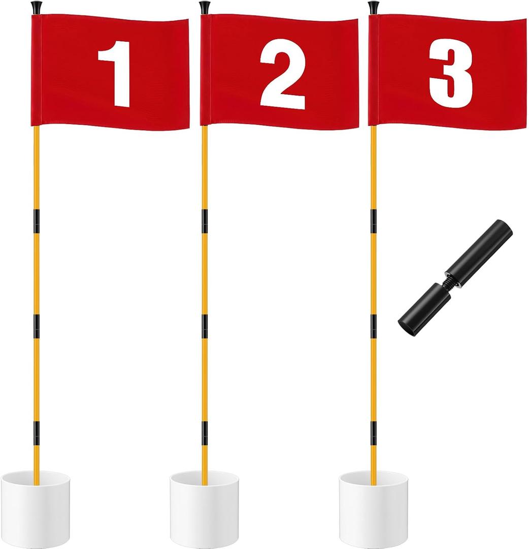 Golf Flag Stick 6ft, 3 Set Putting Green Flags with Hole Cup & Flagstick, Numbered Pin Flags for Backyard Yard Driving Range Chipping Green, Practice Accessories Gift for Men(Red)