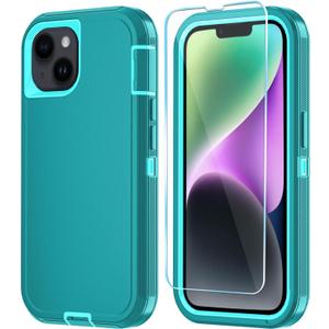 Phone Case for iPhone 14 Plus Case with HD Screen Protector, Heavy Duty Shockproof & DustProof & Dropproof 3-Layer Cover Phone Case for iPhone 14 Plus (6.7'')(LakeSkyBlue)