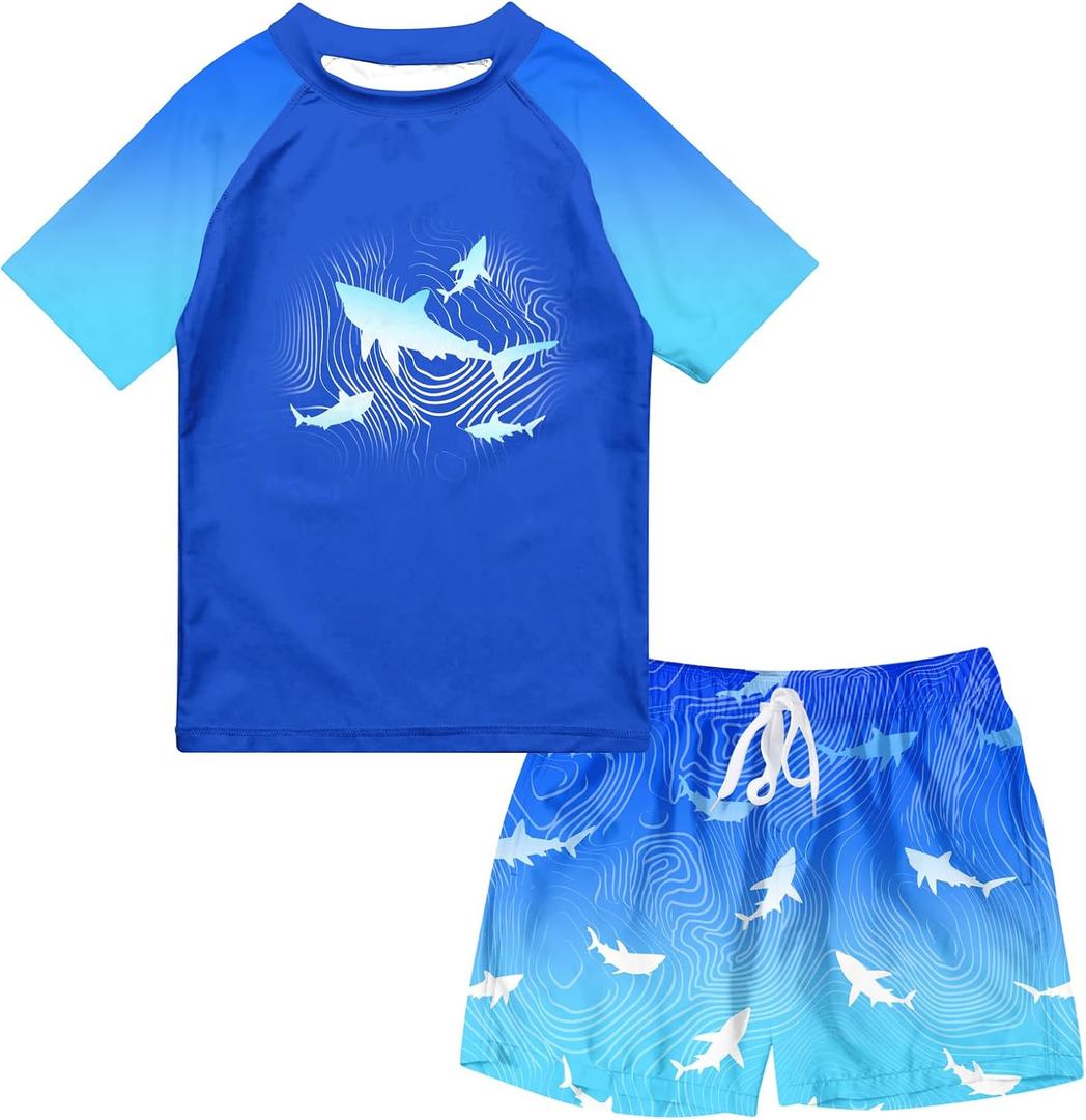 Boys Two Piece Rash Guard Swimsuits Sets Bathing Suits with Trunks 4-12 Years (B1 Blue)