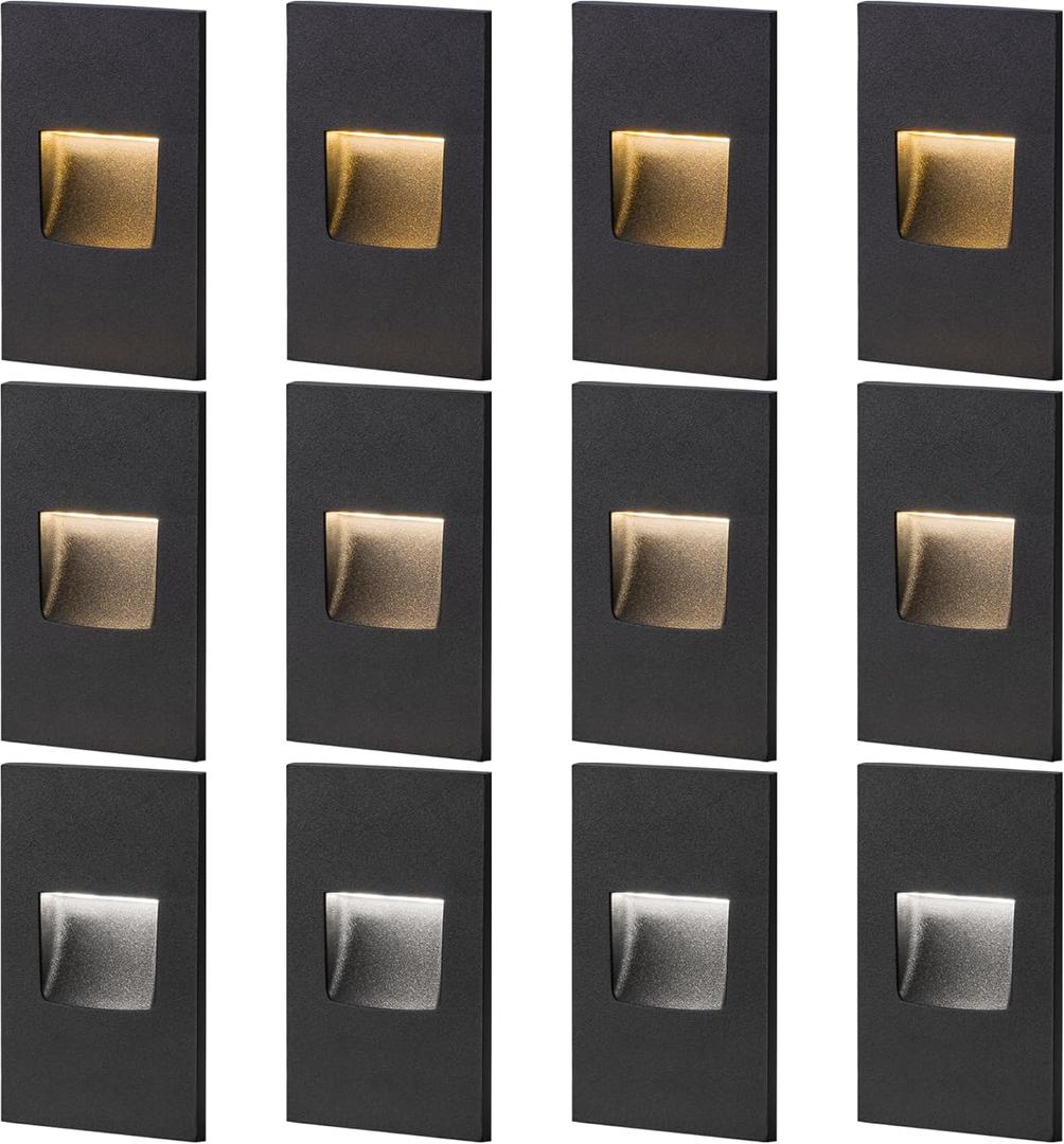 FTL 12-Pack LED Step Lights Outdoor Stair Lights Indoor, 120V Dimmable 3CCT 3000K/4000K/5000K Color Changing Deck Stair Lighting 150LM 3.5W, Waterproof Black Aluminum Staircase Vertical (2.87 inches)