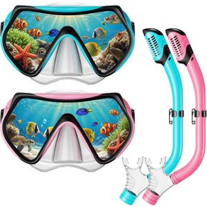 Snorkel Mask Set, Dry-Top Snorkel Set Scuba Diving Mask, 180 Panoramic Wide View, Professional Breathing Freely Snorkeling Gear Kit with Nose Cover for Snorkeling Swimming, Travel (Kids)
