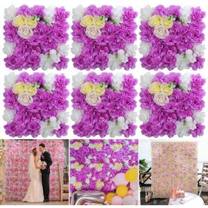Flower Wall Panels, Artificial Flower Wall Backdrop, 6 PCs of 15x15 Inch 3D Silk Rose Wall, Wedding Floral Mat for Stage Party Photo Background Home Decoration (White and Purple)